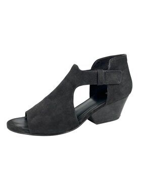 Eileen Fisher Iris Black Tumbled Nubuck Leather Stacked Heeled Sandal Size 9